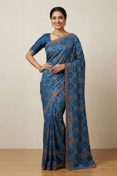 The same blue bandhani saree draped on an AI model for a catalogue listing