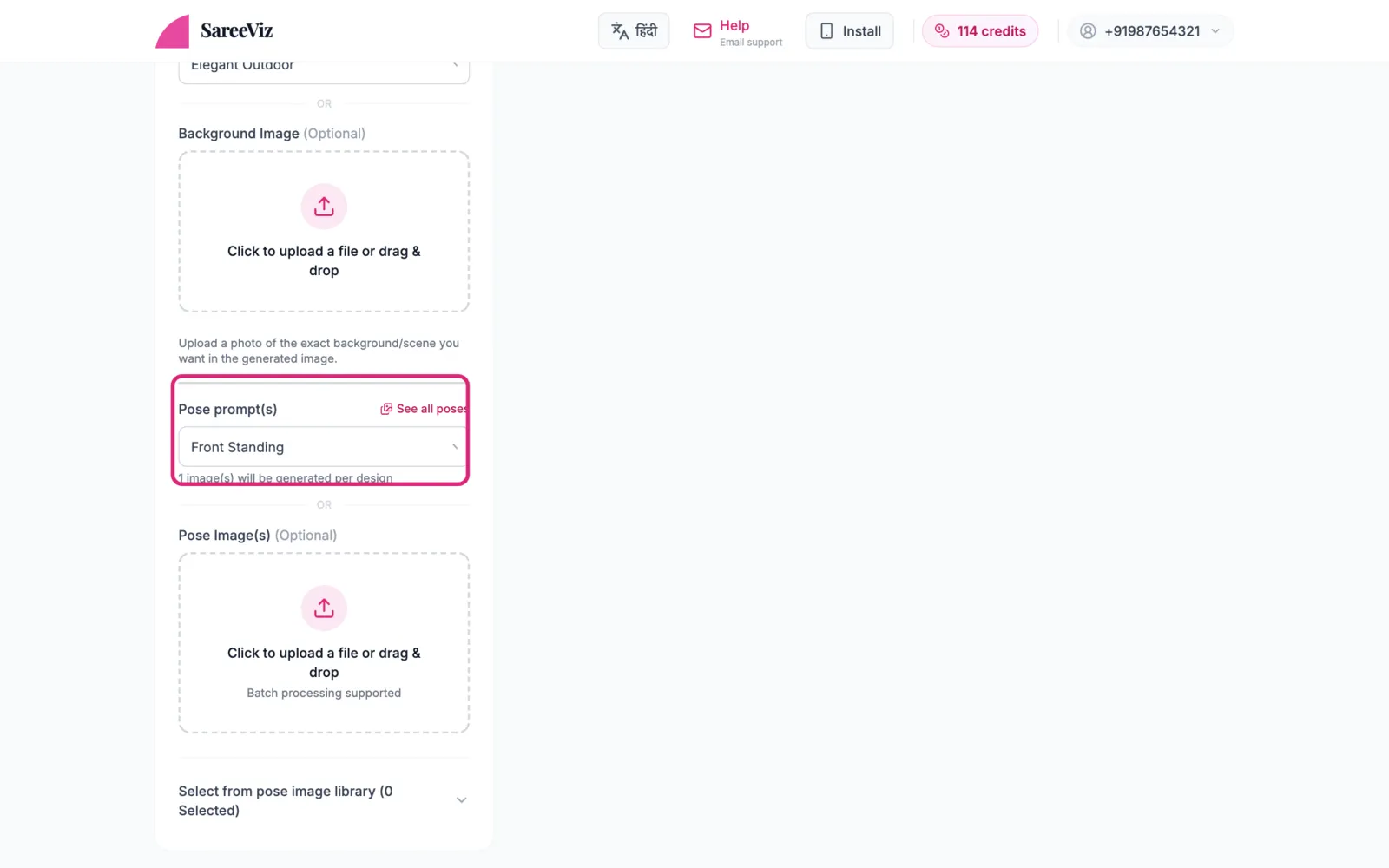 Poses — choose from the list, or upload pose photos.