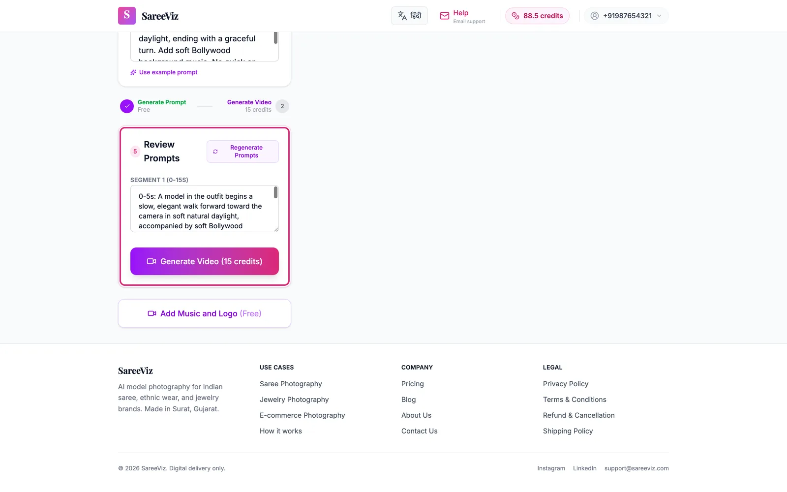 Review Prompts: the plan for each segment, editable, above the Generate Video button.